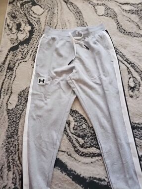 Under Armour Light Gray Joggers with White and Black Side Stripes Rival Fleece M
